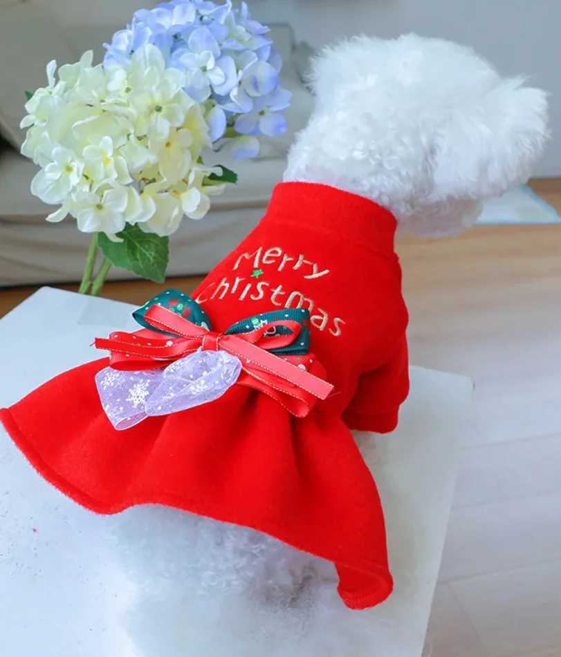 Christmas Dog Princess Dress Autumn Winter Warm Fleece Skirt Christmas Elements Bow Tie Dress Up Small Dog Cosplay Costume J251110