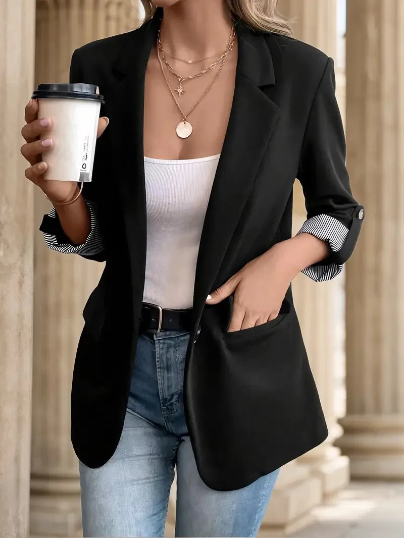 Womens Slim Fit Casual Button Blazer European Style Roll Up 7Pt Sleeve Trendy Suit Jacket 251110