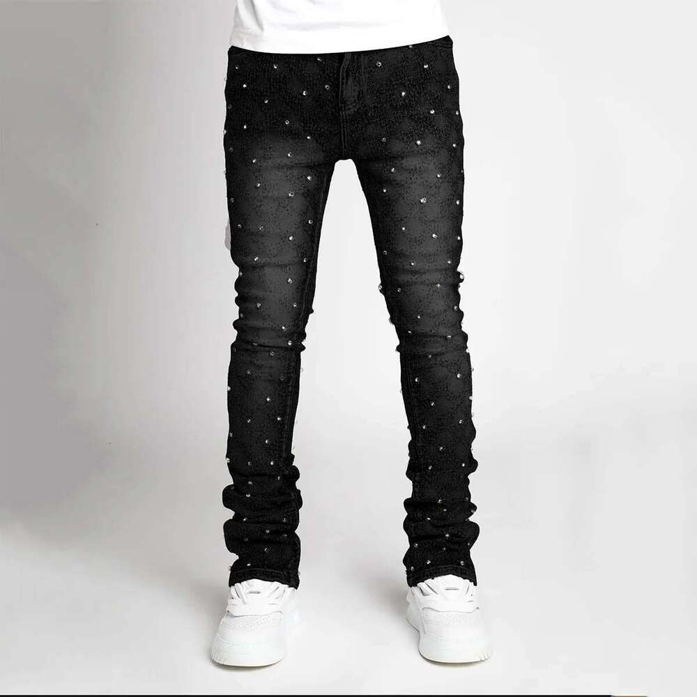 Stretchy Pearls Skinny Jeans For Men 2024 New Fashion Rhie European Street Personality Stacked Denim Pants