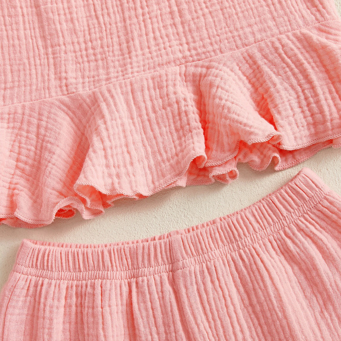Summer Cotton Linen Baby Girl 2PCS Summer Set Sleeveless Ruffle Cami TopWide Leg Pants Set Casual Preschool Clothing Set 250409