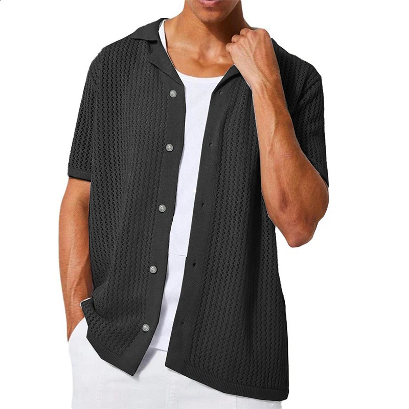 2025 Instant sale of the summer casual pure color mens shirt hollow-out shirt knitted short-sleeved cardigan 250407