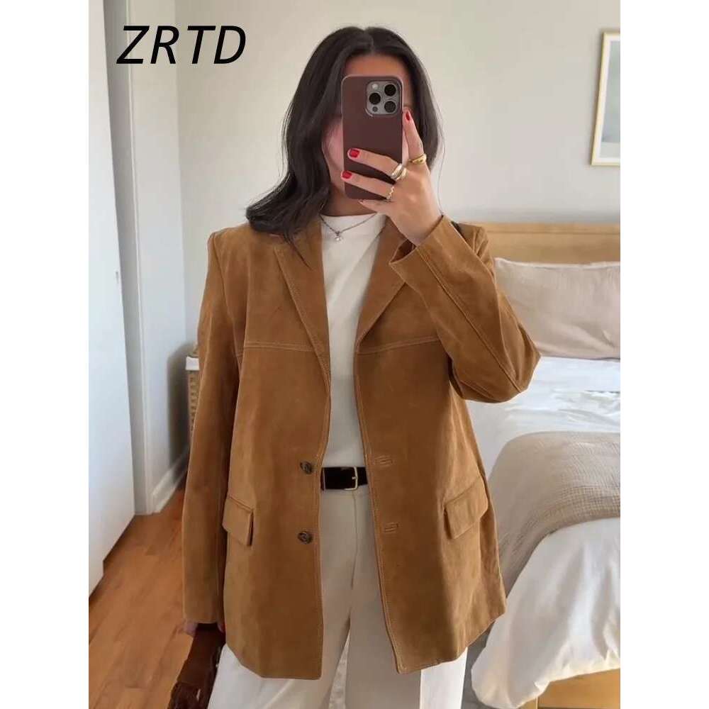 Elegant Women's Suede Jackets Loose Lapel Single Breasted Long Sleeve Female Coats 2025 Spring Lady Street Commute Outwear New