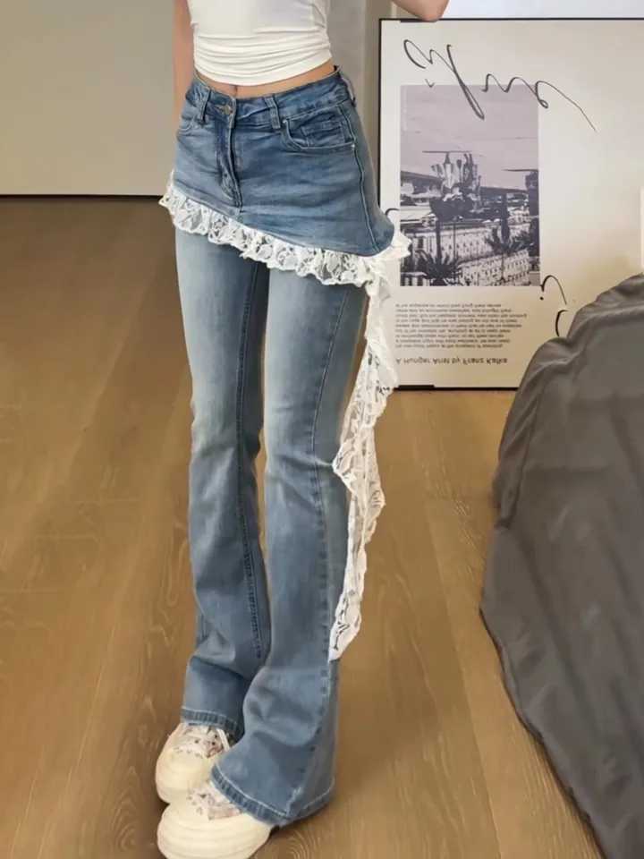 Fake Two Lace Splicing Flared Jeans for Womens Early Autumn 2025 New Style High Waist Denim Pants C251110
