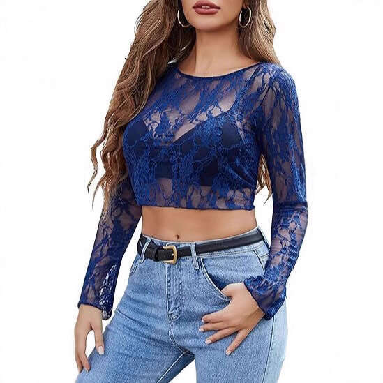 Cross-Border Amazon New Lace Top See-Through Hollow Long Sleeve Round Neck Thin Shirt Mesh Short Style