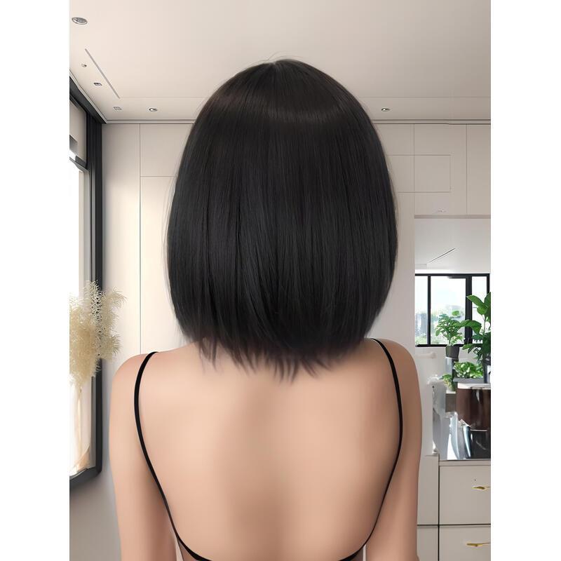 12 Inch Natural black Short Bob With Bangs Light Yaki Straight Blunt Cut Glueless Realistic Look Daily Costume Wig For Women Synthetic Heat Resistant 