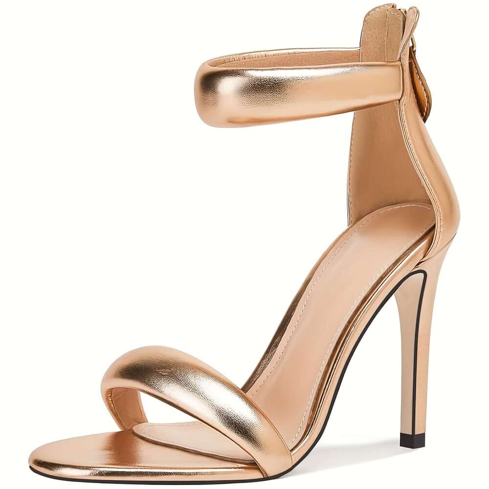 Women's Stiletto With Ankle Strap, Back Zipper, And Round Open Toe. Sexy Heeled Sandals Perfect For Proms Or Parties.