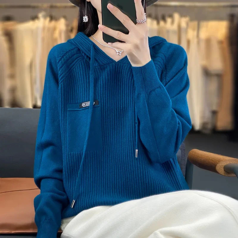 Loose Fit Hooded Long Sleeve Knitted Sweatshirt Womens Korean Style Solid Color Simple Fashionable Sweater Trendy Autumn Sa 251106