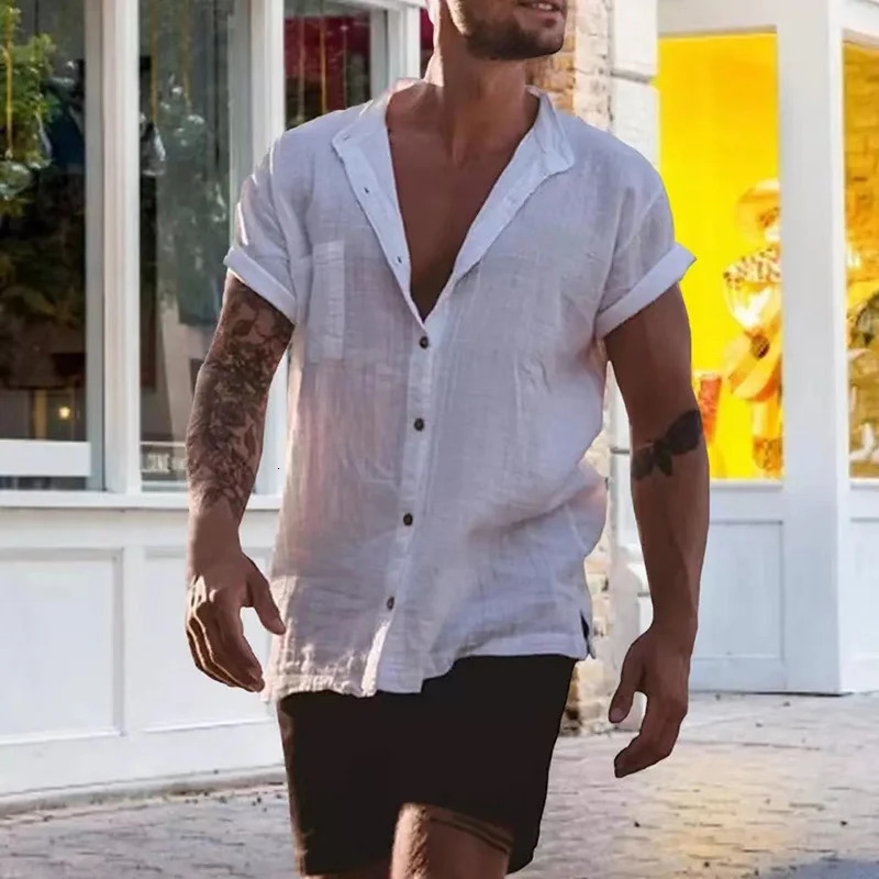Cotton Linen Mens Short-Sleeved Shirts Summer Solid Color Stand-Up Collar Casual Beach Style Plus Size 250408