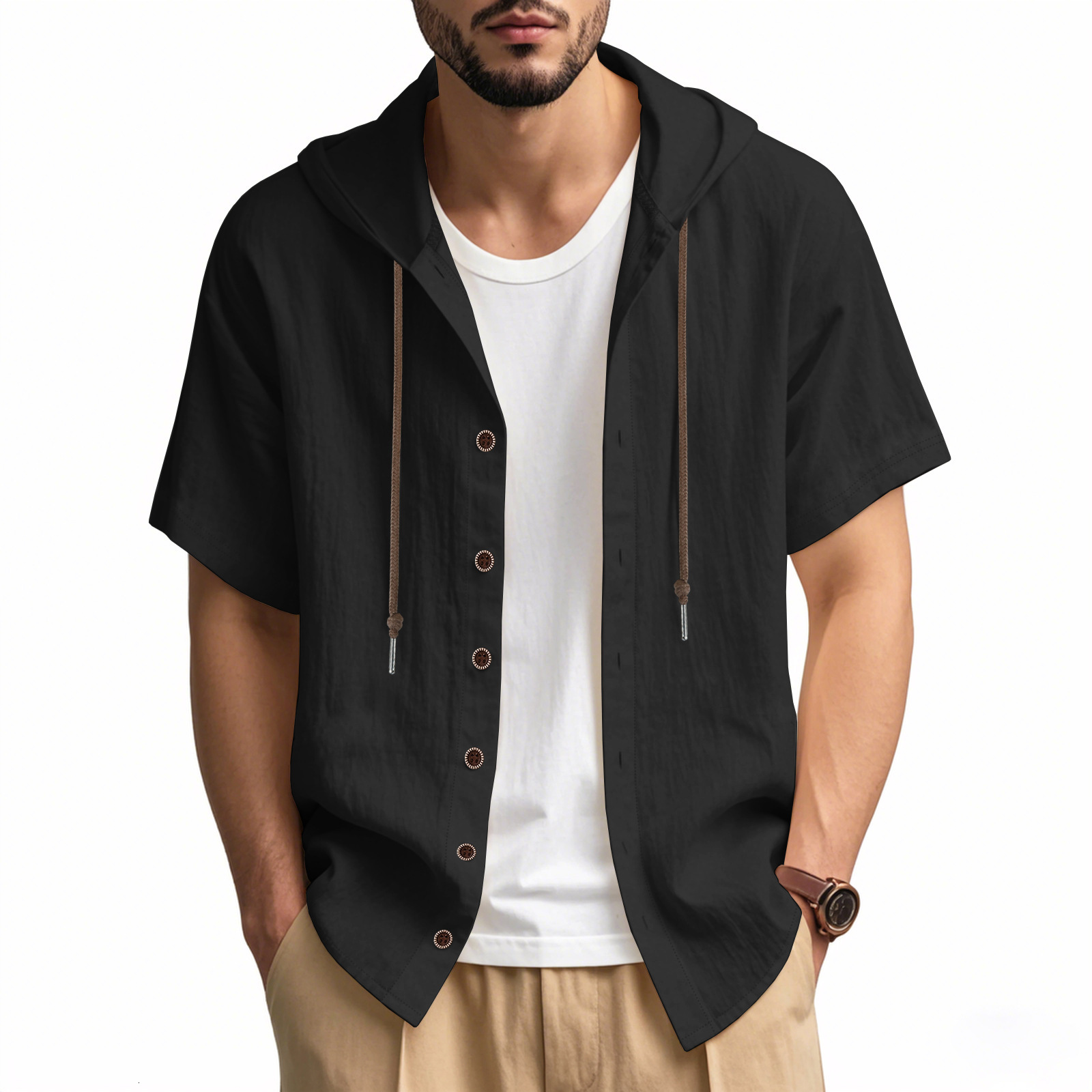 Mens cotton and linen casual short sleeved hooded shirt with fashionable buttons beach T-shirt