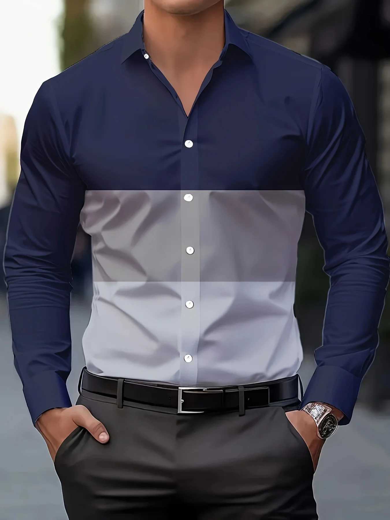 Mens Color Blocked Lapel Collar Design Dress Shirts Long Sleeve Casual Button Up Shirt For Formal Occasions simple design K251110