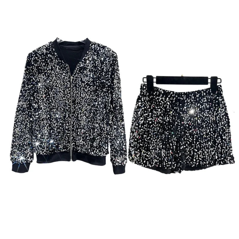 High quality sequin jacket womens jacket zipper top baseball uniform casual version thin two-piece womens fashion 250409