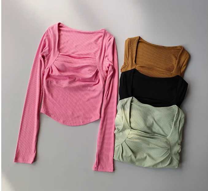 Sexy yoga set with chest cushion suitable for weight loss long sleeved womens sports running Pila Speed dry fitness top T-shirtXJ250410