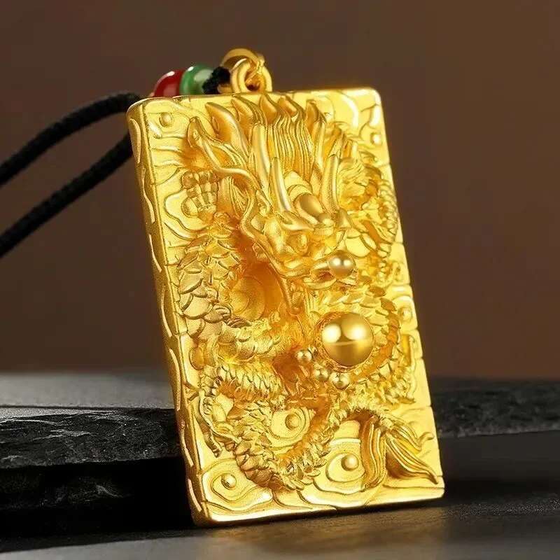 9999 Real Gold Pendant with Powerful and Explosive Coarse Fabric Pattern Dragon Chain Head Necklace for Men