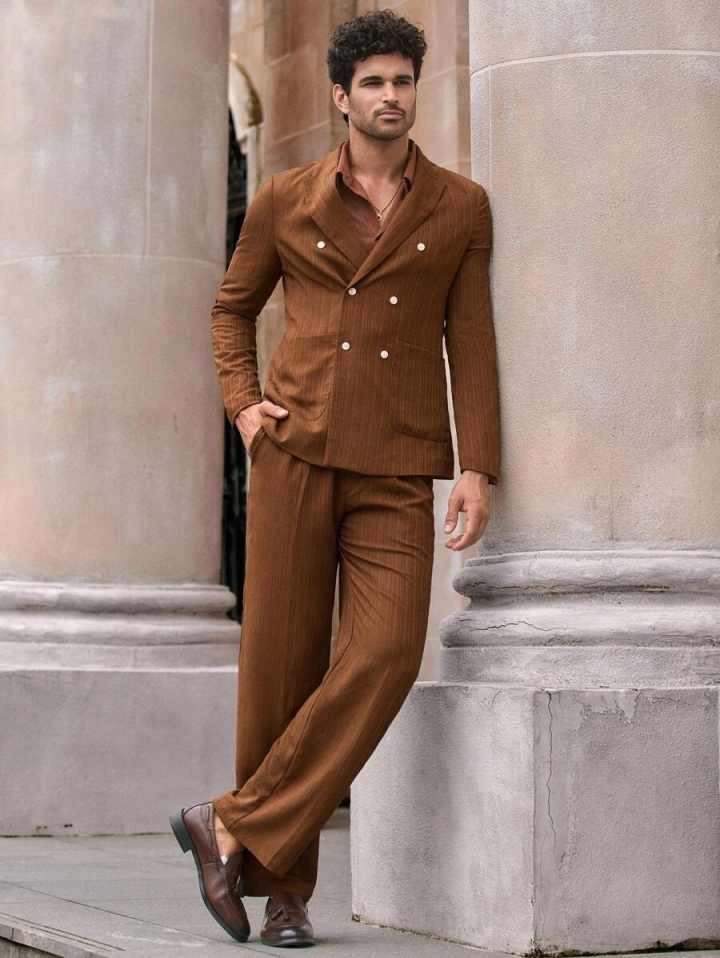 Classic Men Suit 2 Pieces Jacket Pants Double Breasted Peaked Lapel Casual Occasion Street Photography Party Customized