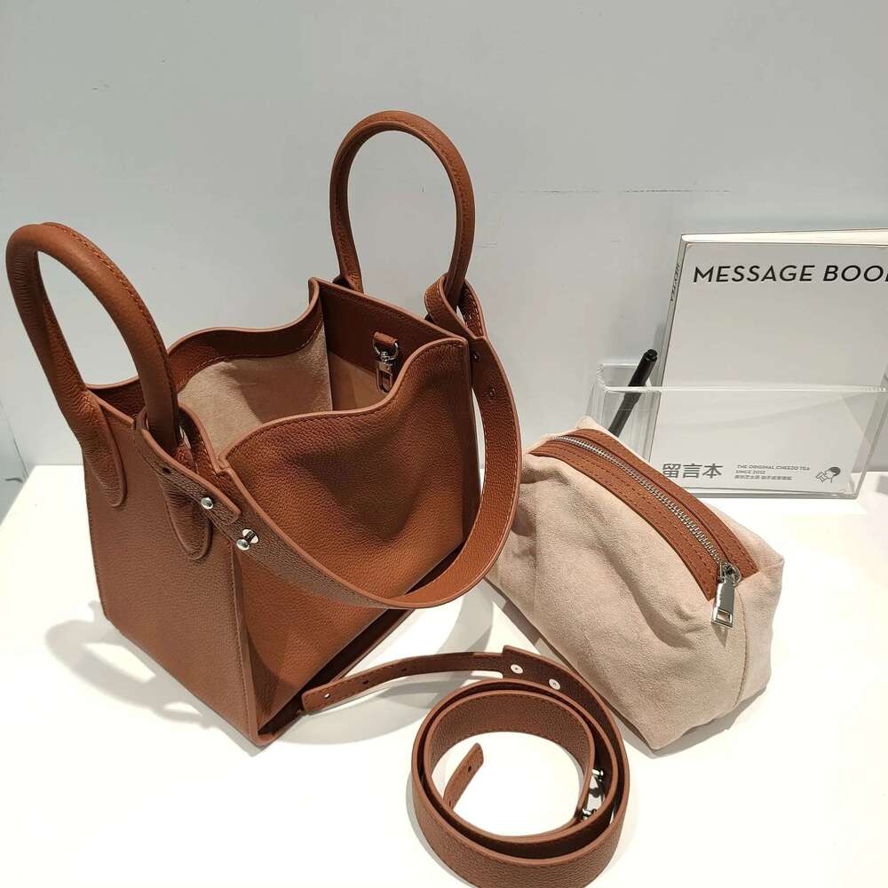 Leisure Thick Cow Leather Bucket Shopper Tote Trapeze Brand Designer Women Handbag Quality A+ Ladies Shoulder Bag Blue