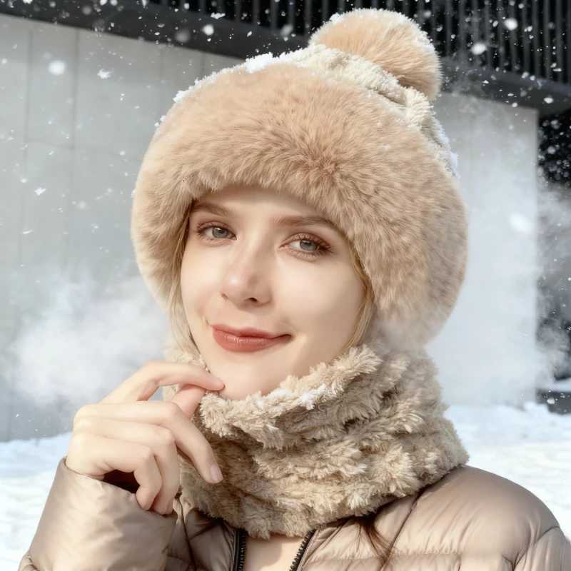 Winter Beanie Hat Scarf Mask One-Piece Fleece Pom Beanies for Women Warm Bonnet Ears Protection Multifunctional Skiing CapsXJ251110
