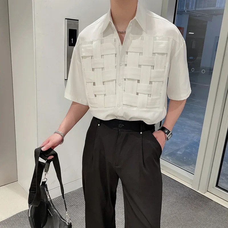 Niche Sensibility Woven Mens Short Sleeve Shirt Summer Trendy Five-Point Sleeve Underwear Casual Streetwear 250409