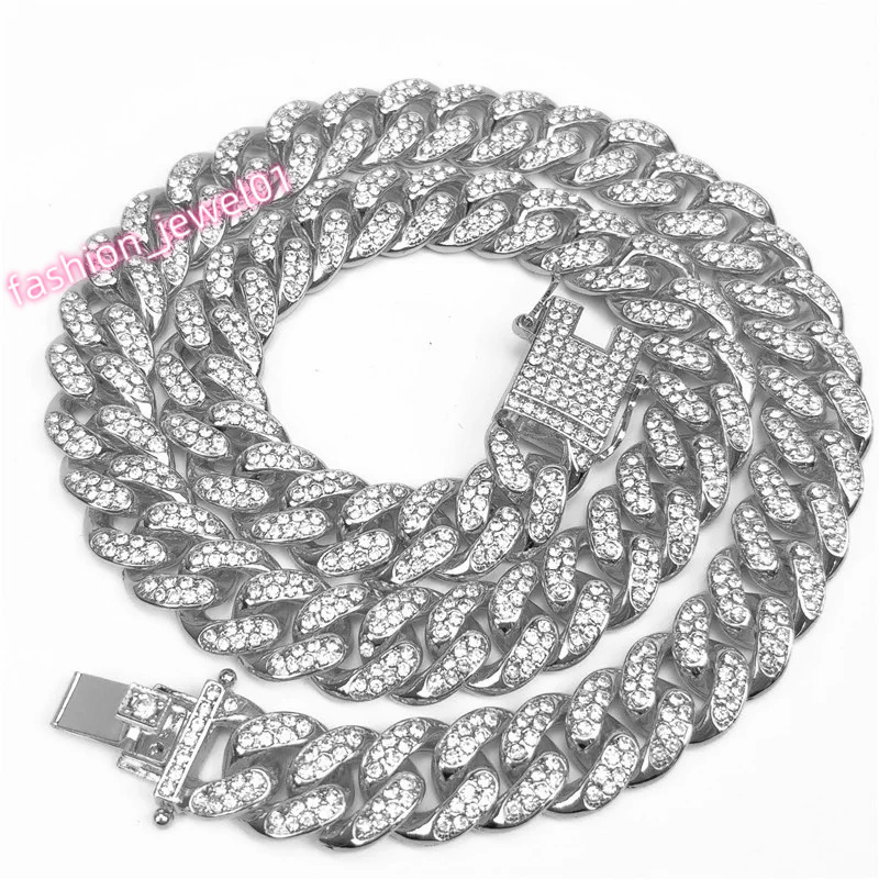 Hip Hop 13MM Prong Cuban Link Chain Necklace Bling Iced Out 2 Row Rhinestone Paved Miami Rhombus Cuban Necklace Men Jewelry