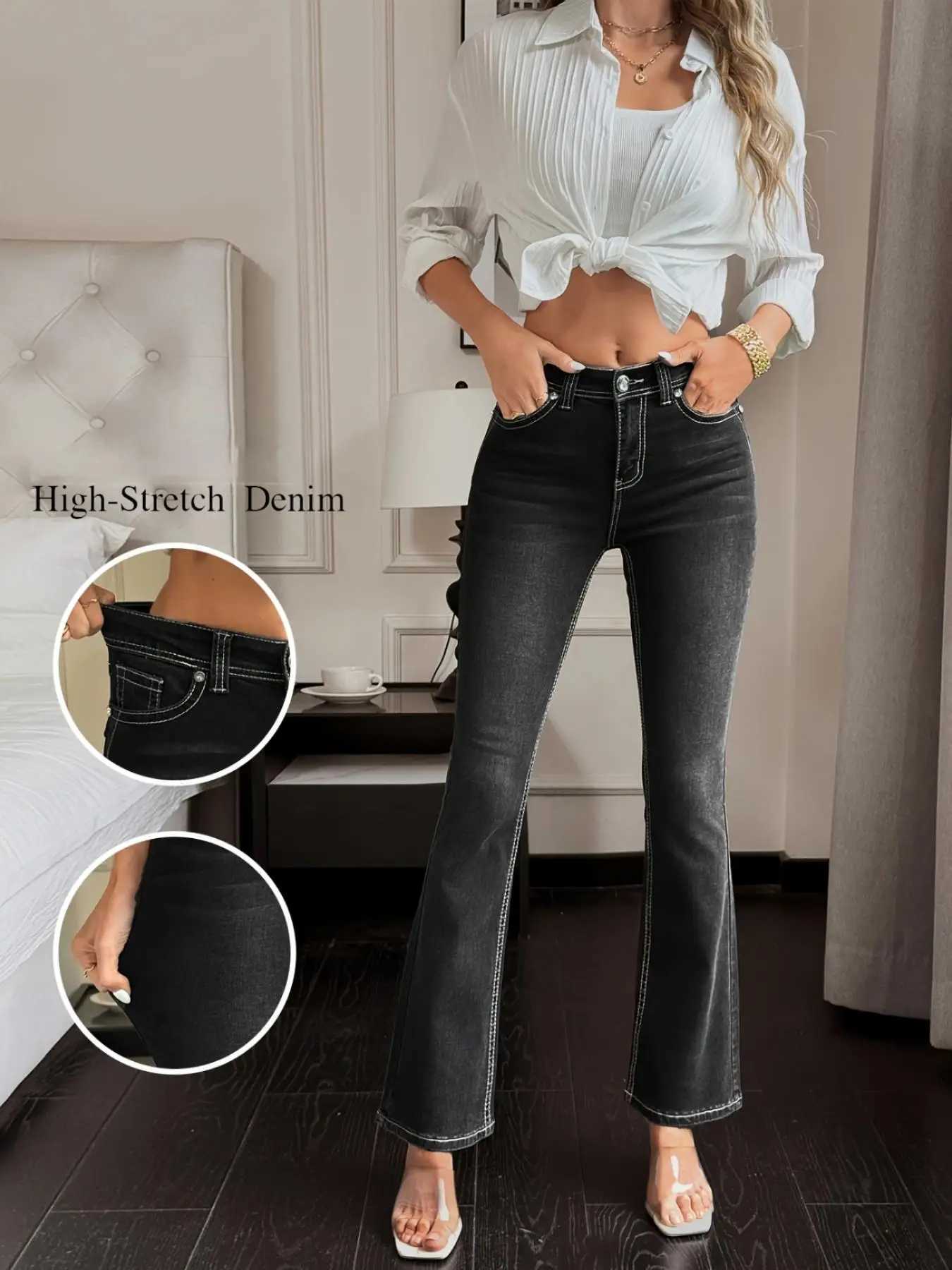 Curvy Fit High Waist Black Denim Pants for Women Slim Bootcut Stretch Jeans Retro Vintage Elegant Everyday Outfit C251110