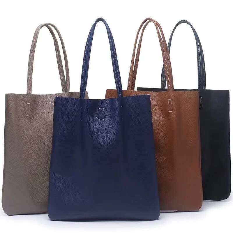 New Genuine Leather Women Tote Simple Girl Large Solid Soft Cowhide A4 Female Shopper Handbag Student Casual Shoulder Bag