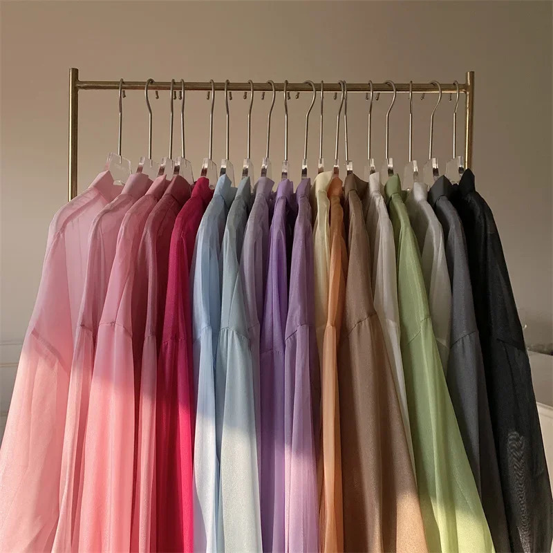 Satin effect womens shirt lightweight semi transparent buttons lapel long sleeves casual chic top for teenagers and girls 250409