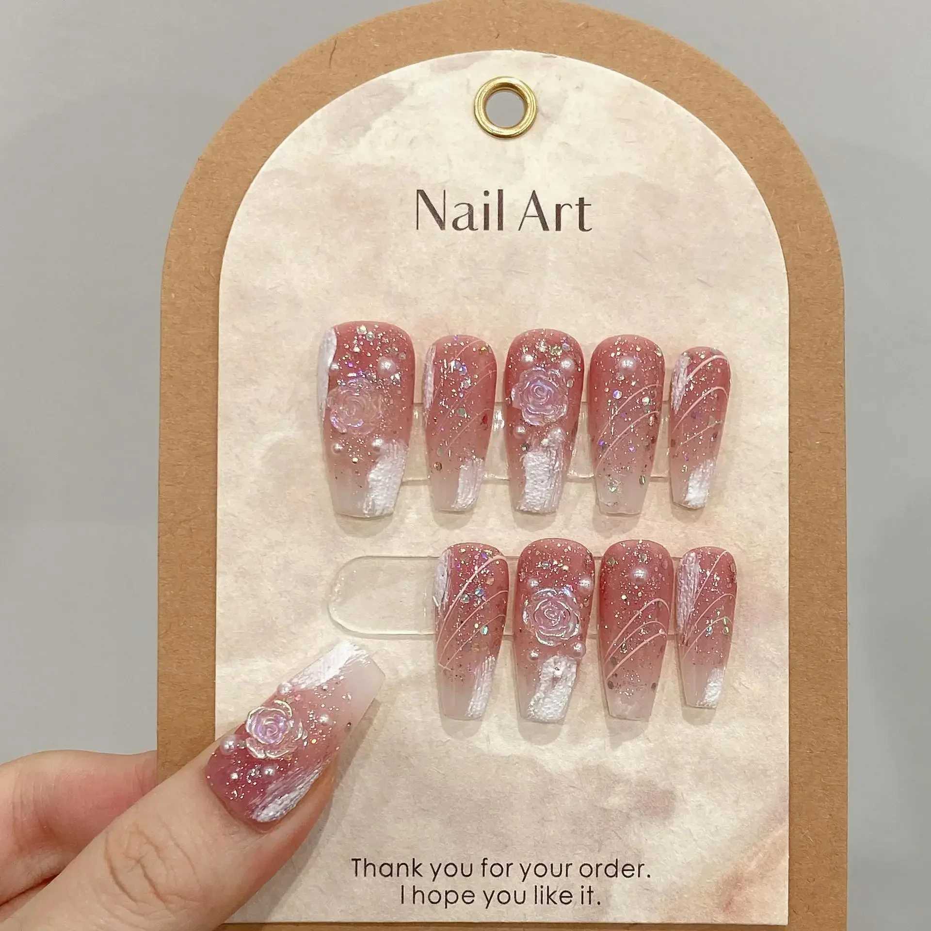 0pcs hand pressed long ballet blue fake nails with 3D ocean moon rhinestone design complete set of nail tips W250410