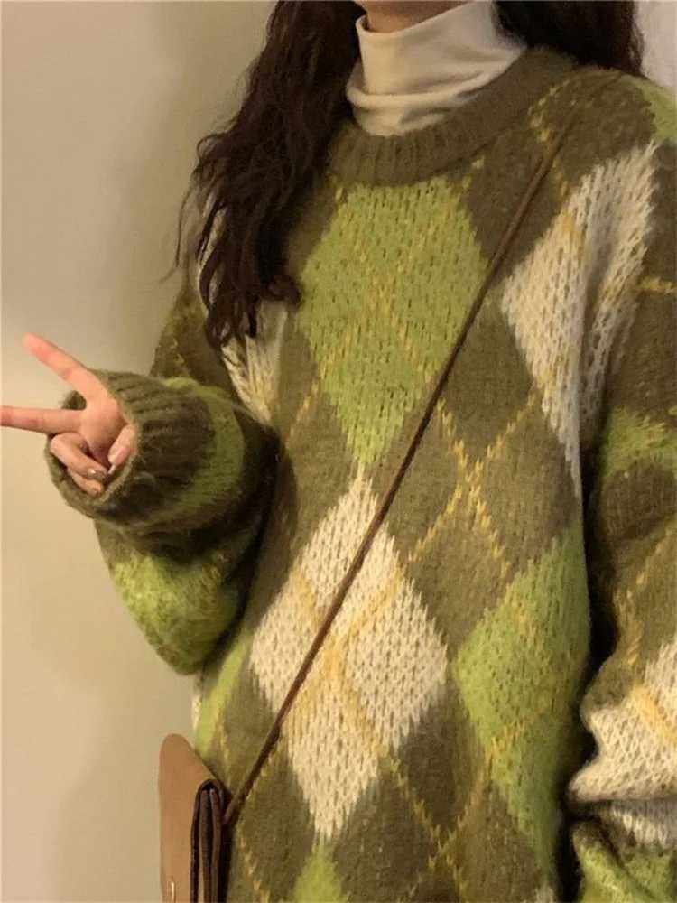 Fashion Retro Green Pullovers Women Cozy Minimalist BF Style Autumn Argyle Casual Harajuku Baggy Sweater Long Sleeve All-match Knitwear Y251110