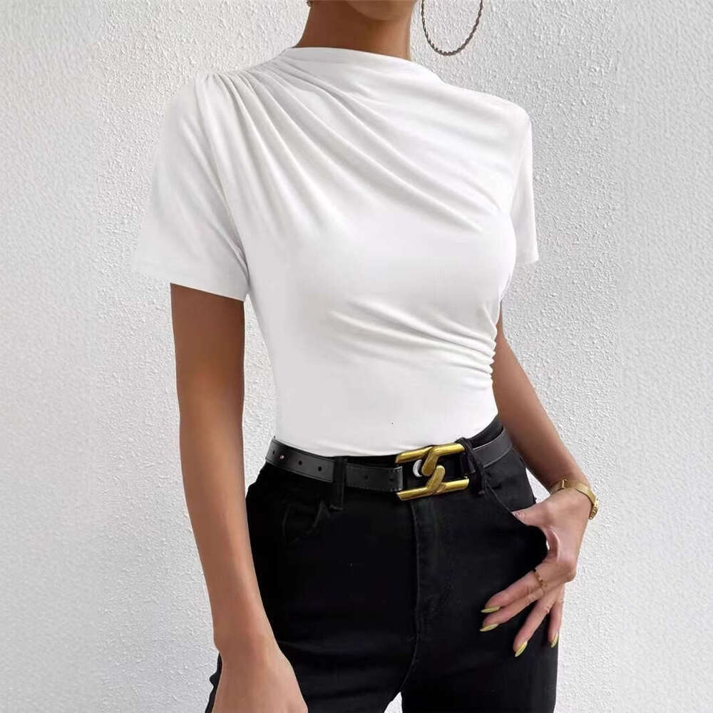 Cross-border European and American Summer New Fashion Versatile Solid Color Ruched Short Sleeve Slim Fit Pullover Top
