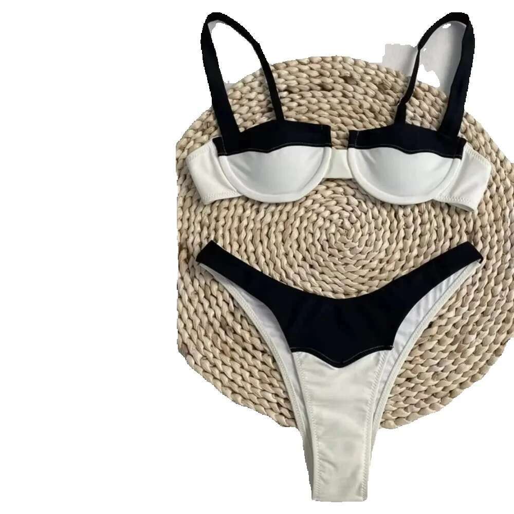 Serenechic 2025 New Tight Beach Travel Black and White Splicing Sexy Bikini Set Swimsuit Women's Summer