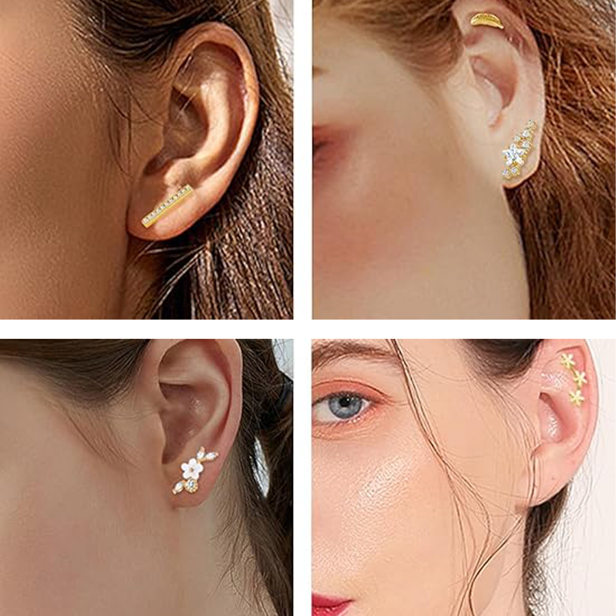 9 Pcs Cartilage CZ Stud Earrings Conch Forward Helix Tragus Daith Piercing Lip Rings Snake Heart Butterfly Jewelry for Women Men 16G Gold Tone