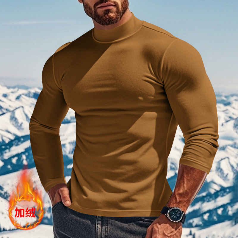 2025 Autumn New Long Sleeve T-shirt Knitted Bottom Shirt Slimming Solid Color Versatile Half High Neck Mens Top