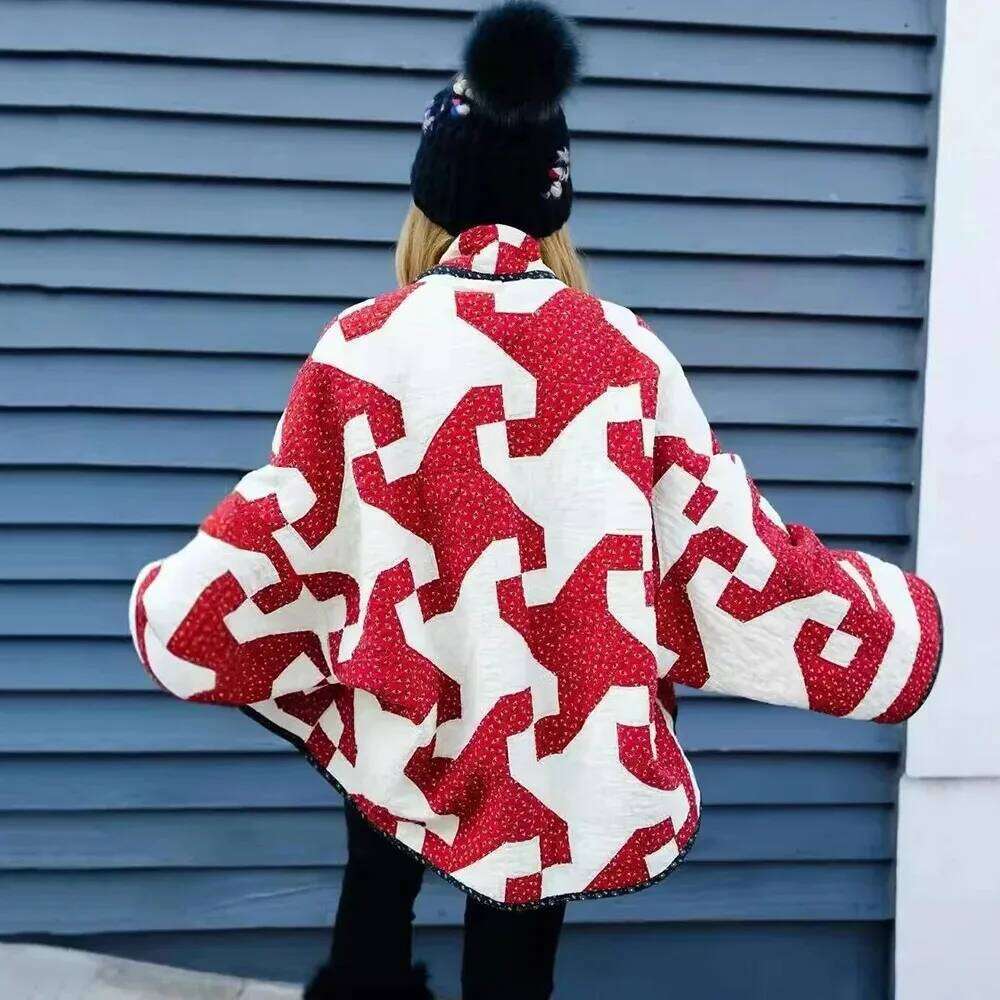 Lapel Printed Colour Blocking Thickened Casual Bohemian Style Cardigan Loose Cotton Jacket Women's