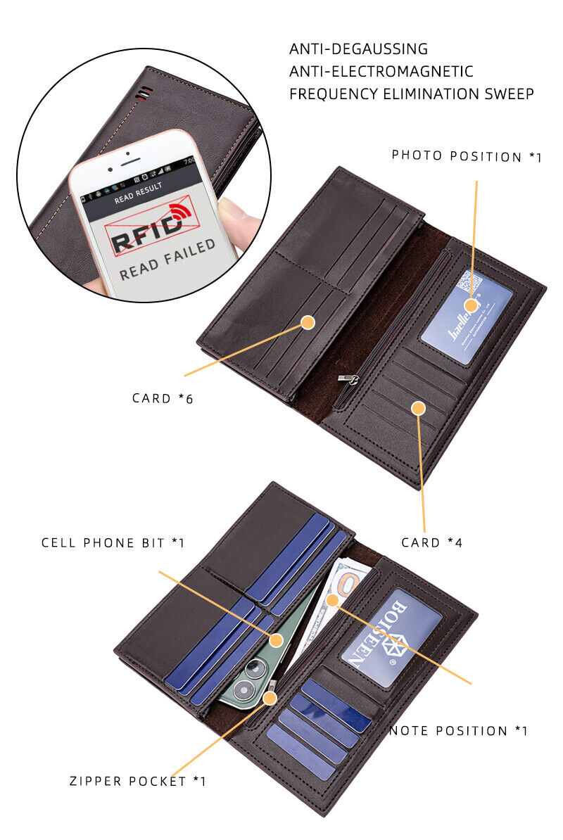 Slim Credit Card Holder Zipper Pocket Long Wallet Men with Phone hot Slot and Clear Window for Photo
