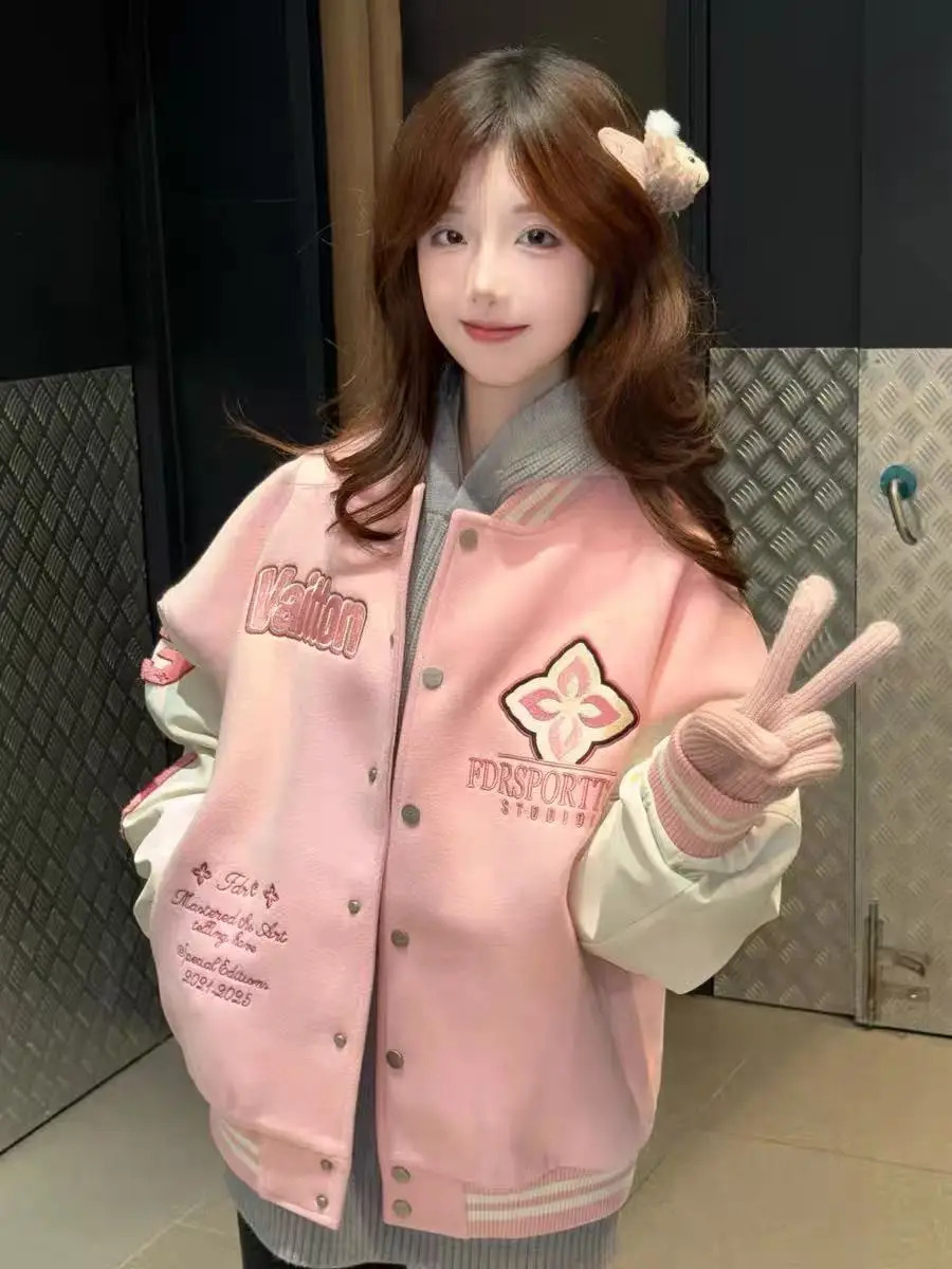 Harajuku Trendy American Y2K Pink Splicing Plush ed Pattern Bomber Jacket Womens Spring 90s Style 250410