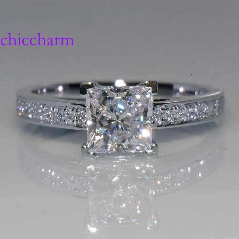 Vecalon Simple Jewelry Princess cut 1ct Simulated dia Cz Sterg Sier Engagement wedding Band ring for women
