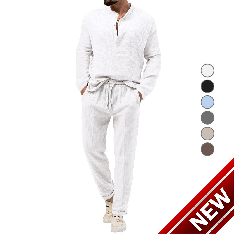 Cross 2024 Spring and Autumn Mens Solid Color Casual T-shirt Long Sleeve Shirt Long Pants Set