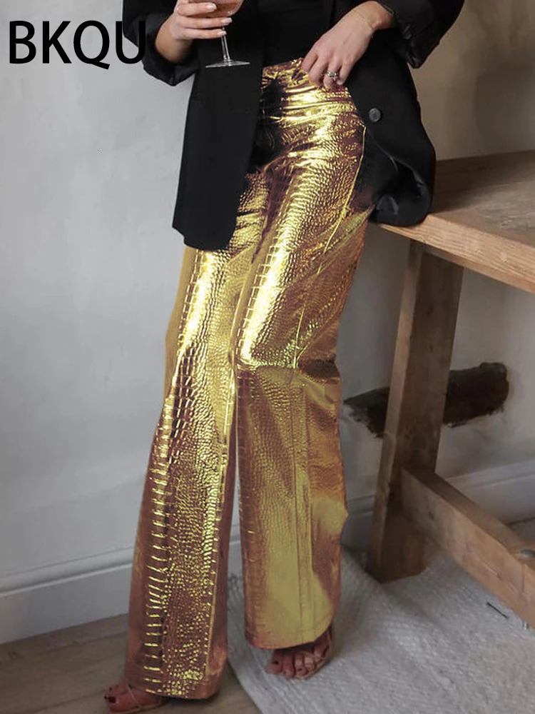 BKQU Gold Sliver Leather Straight Wide Leg Pants for Women Fashion Streetwear High Waist Scale Leather Party Club Trousers 250409
