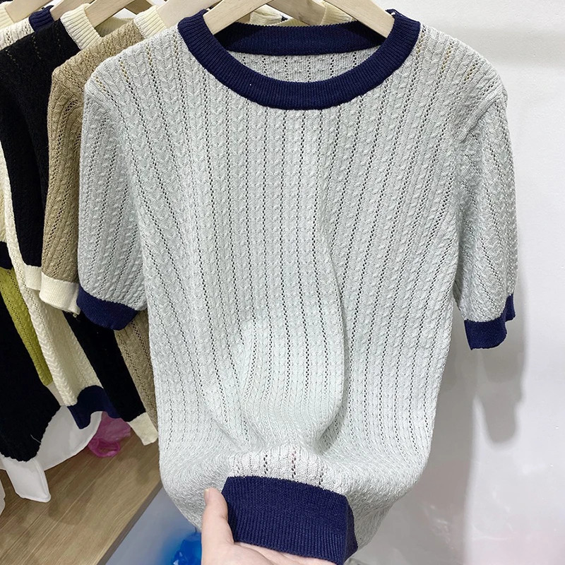 Korean fashion clothing summer thin hollow T-shirt womens knitted top womens casual T-shirt short sleeved T-shirt 250410