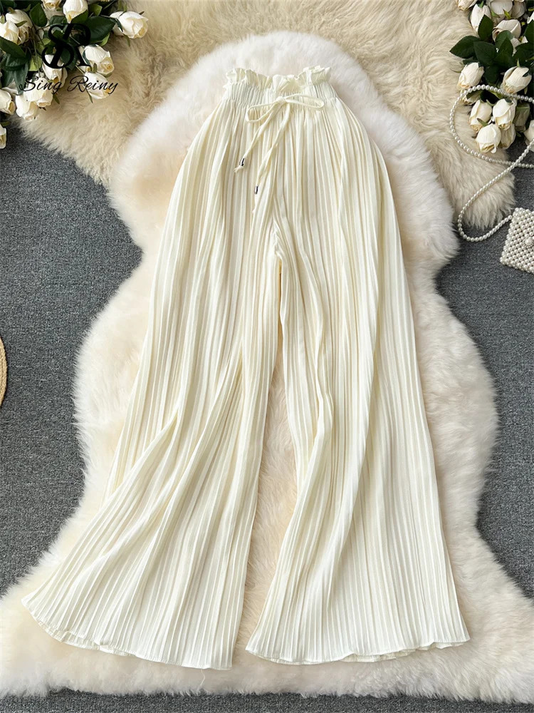SINGREINY Bandage Basics Casual Pants Women Summer Oversize Draped Wide Legs Pants High Waist Solid Long Pleated Trousers 250409