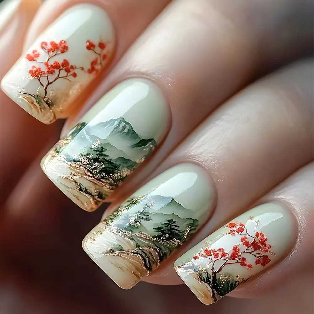 24 piece floral complete set of nails pearl design medium to long ballet fake nails square fake nails wearable handle set W250410