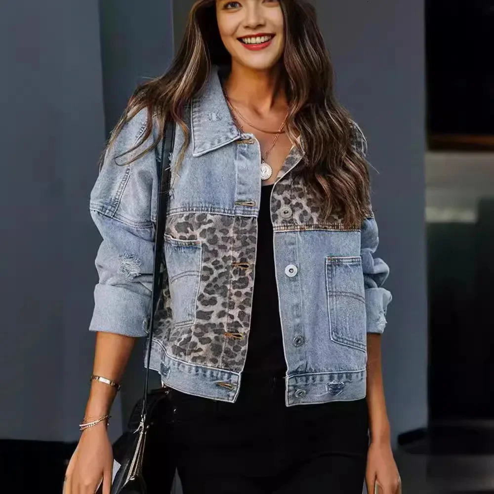 Cross border denim jacket womens long sleeved independent European and American style denim jacket womens leopard print 250409