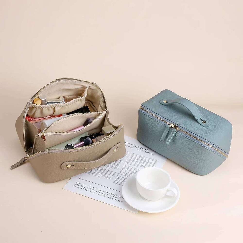 Cow Leather Makeup Travel Storage Large Capacity Multi-Compartment Toiletry Free Initials Women's Cosmetic Bag 251110