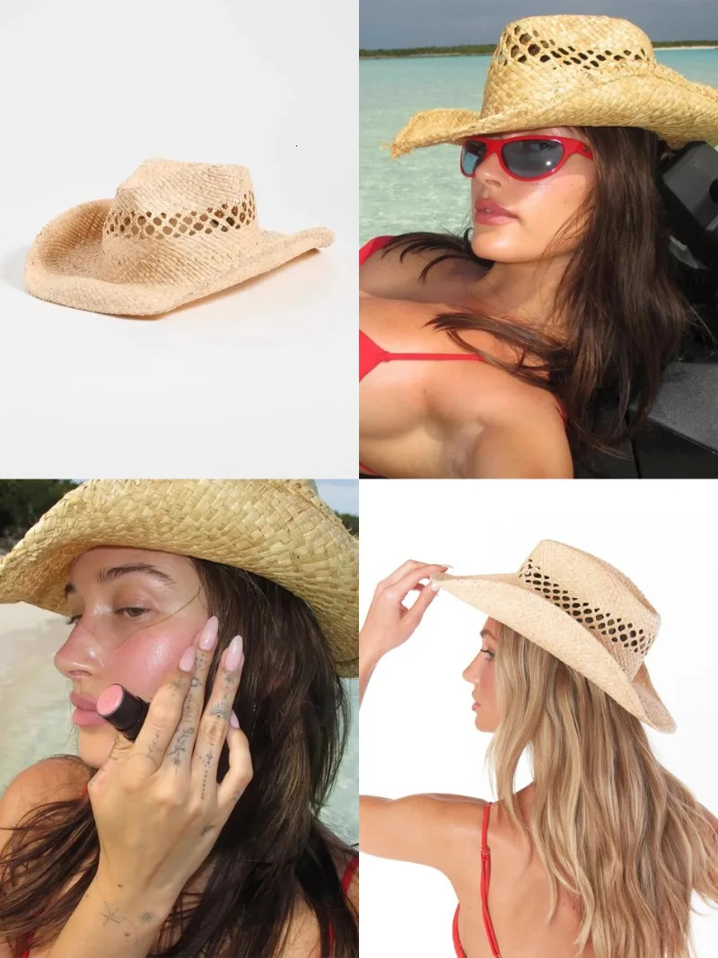 Hand Woven Raffia Hat Women Summer Simple Western Cowboy Straw Hat Lady Ins California Girl Seaside Vacation Curled Brim Sun Hat 250409