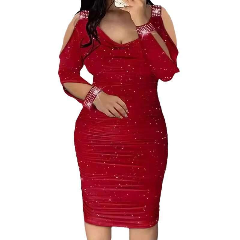 2025 Foreign Trade Women's Fashion Elegant Slim Fit Gathered Rhinestone Bodycon Tight V-neck Night club maxi dress SEXY DRESSES FOR WOMEN