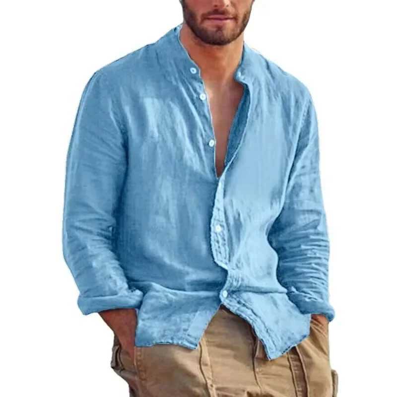 Mens solid color long sleeved linen cotton shirt trend plus size stand up collar casual lightweight beach shirt X250410