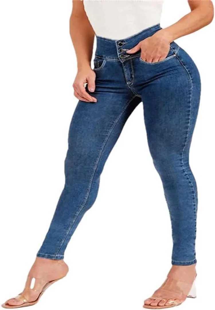 Womens fashionable wash dark blue front buttons high waist stretch slim buttocks comfortable and casual nine-point foot jeans C251110