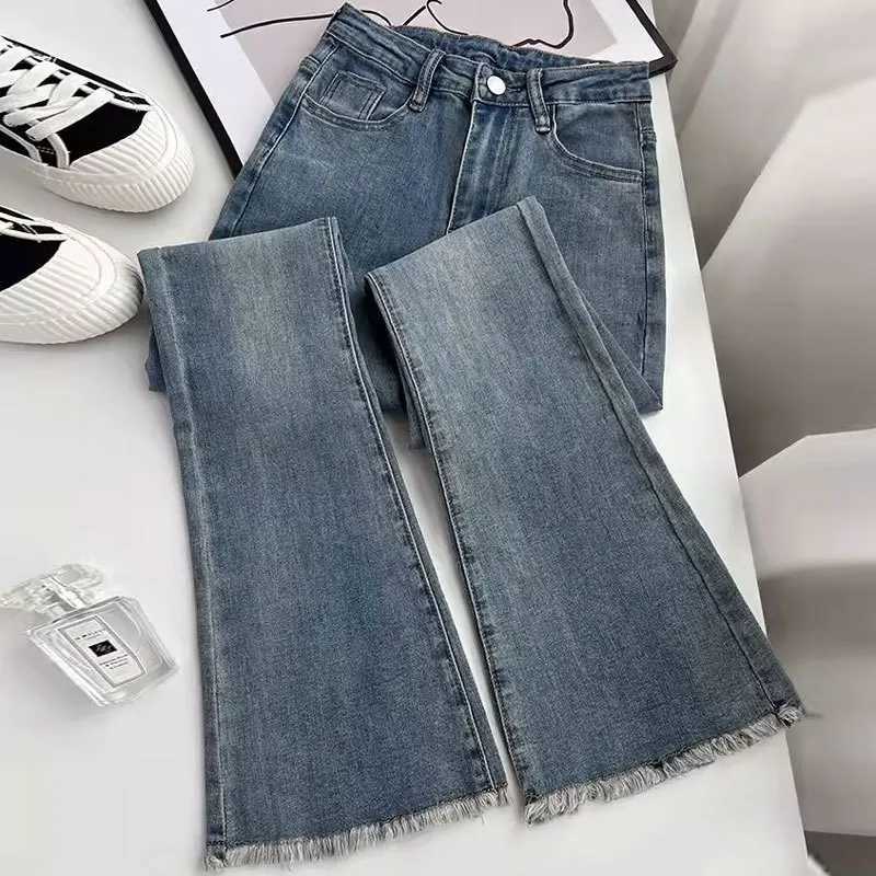 American Retro Micro-flared Jeans Womens Autumn and Winter Fashion Slim-fit High-waisted Stretch Long PantsFloor-length Jeans C251110