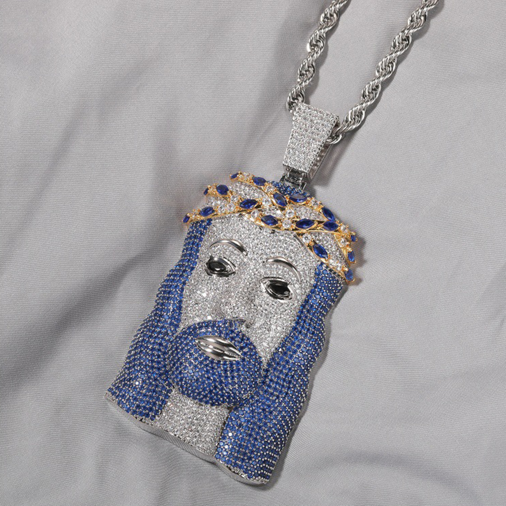 Hip Hop Jesus Face Pendant Necklace Blue 5A Zircons White Gold Plated Religion Jewelry