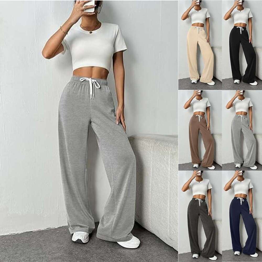 2025 Amazon Cross-Border Autumn Winter Women's Wide-Leg Sweatpants High Waist Loose Casual Drawstring Fitness Pants with Pockets