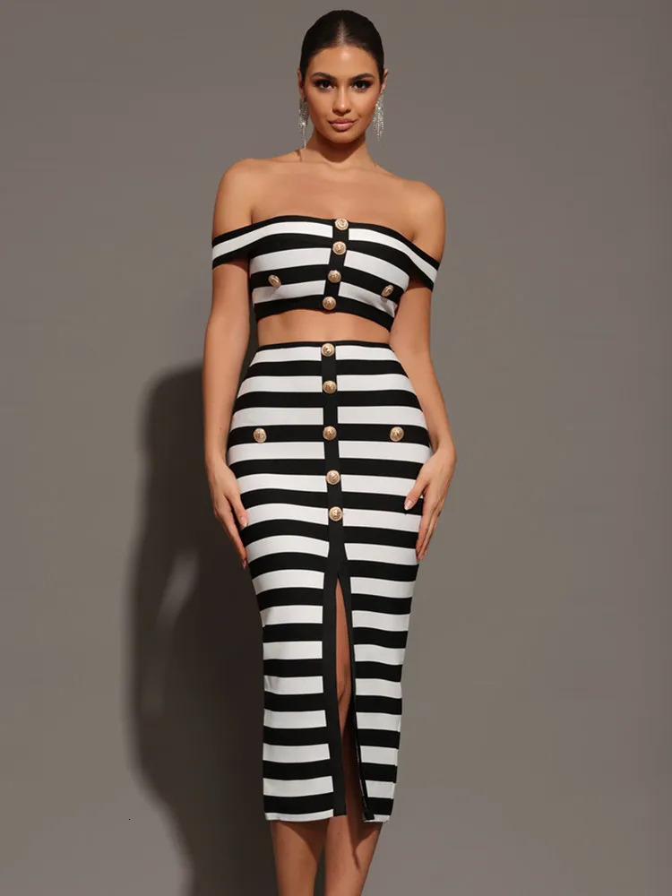 Womens Summer Sexy Shoulder Strap Button Two Piece Mini Bandage Set Celebrity ner Evening Party 250410